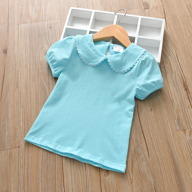 Kids Girls Basic Solid Color Doll Collar Short Sleeve T-shirt