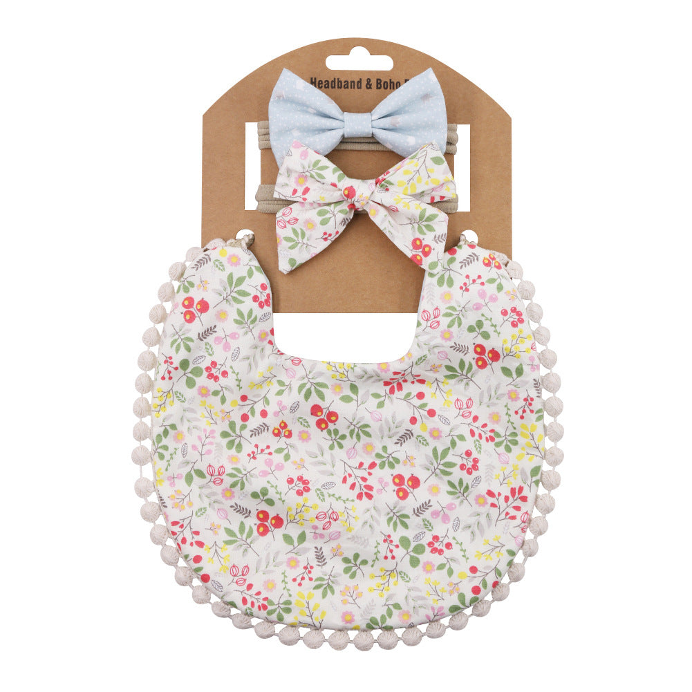 Baby Basic Floral Tassels Bib And Headband Accessories Set