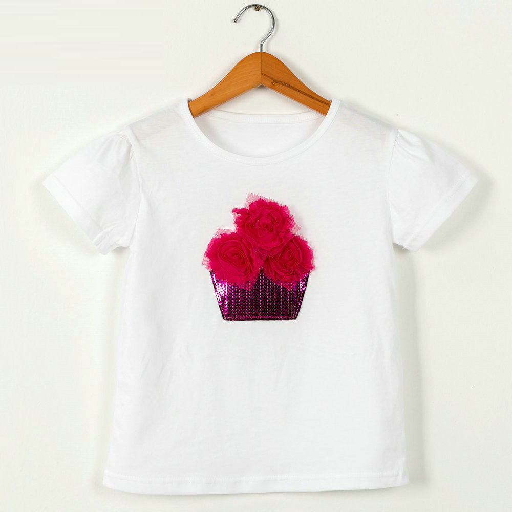 Children Kids Baby Fashion Girls Casual Basic Short Sleeve Sequin Flower T-Shirt
