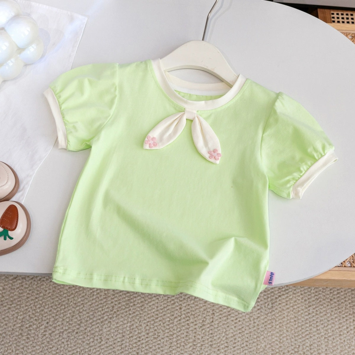 Kids Toddler Girls Casual Cute Sweet Flower Puff Sleeve Round Neck T-Shirt