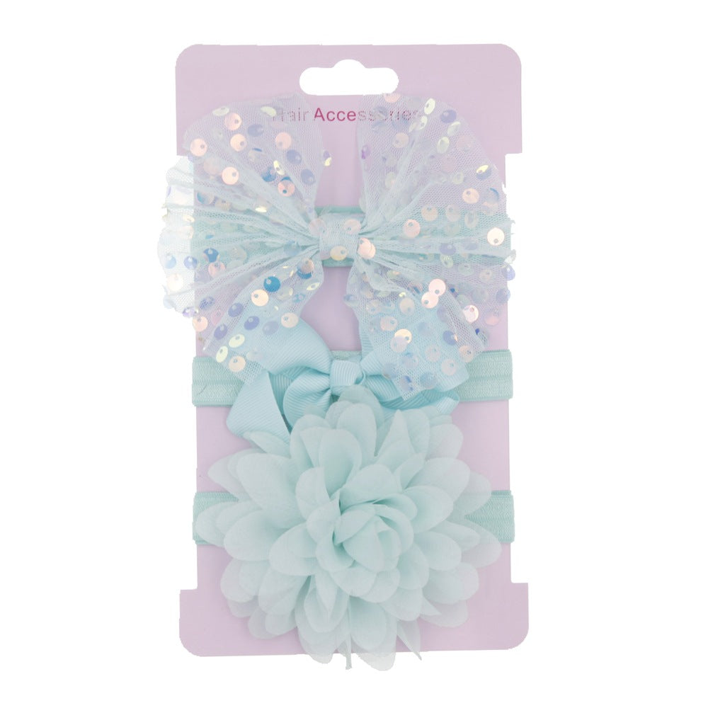 3pcs/set Kids Girls Cute Mesh Sequin Flower Pearl Bow Headband Set