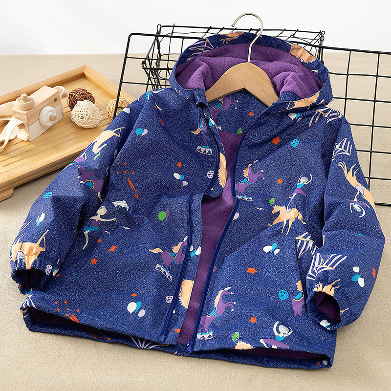 Autumn And Winter Toddler Girls Mid-Length Windbreaker Thickened Hooded Zipper Coat