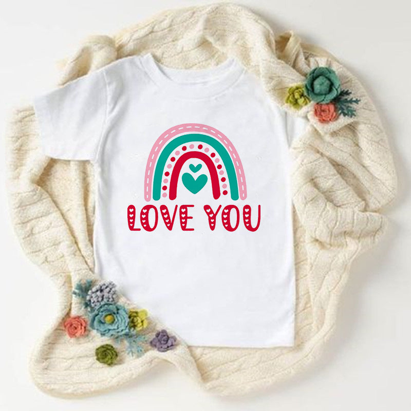 Children Kids Baby Fashion Girls Boys Basic Casual Rainbow I Love You Print Short Sleeve T-Shirt