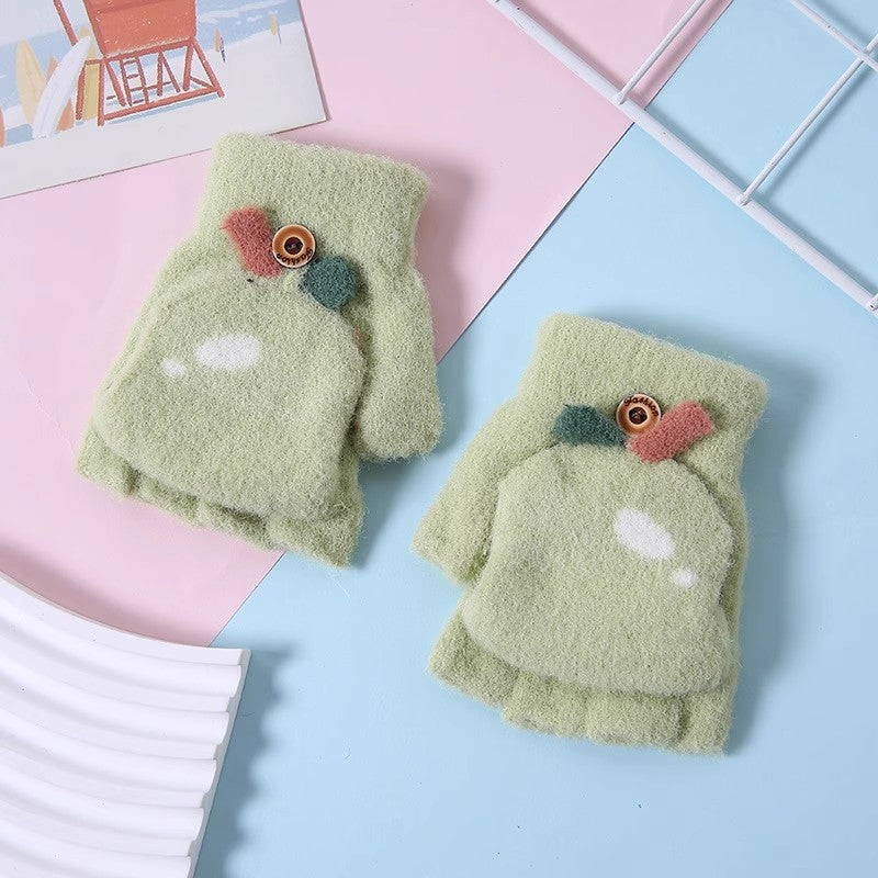 Kids Unisex Fall Winter Casual Cute Cartoon Fleeces Half Finger Clamshell Gloves