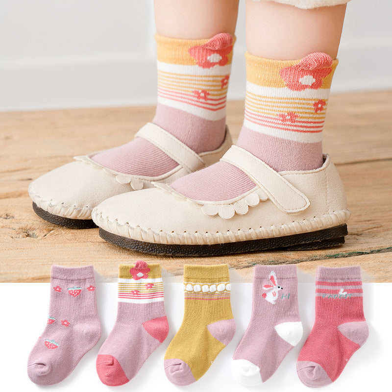 5 Pairs /Lot Cute Baby Socks Autumn Rainbow Striped Cotton Socks For Children Toddlers Cotton Socks