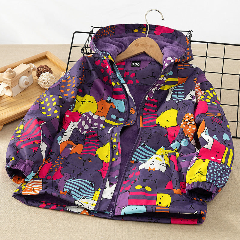 Autumn And Winter Toddler Girls Mid-Length Windbreaker Thickened Hooded Zipper Coat