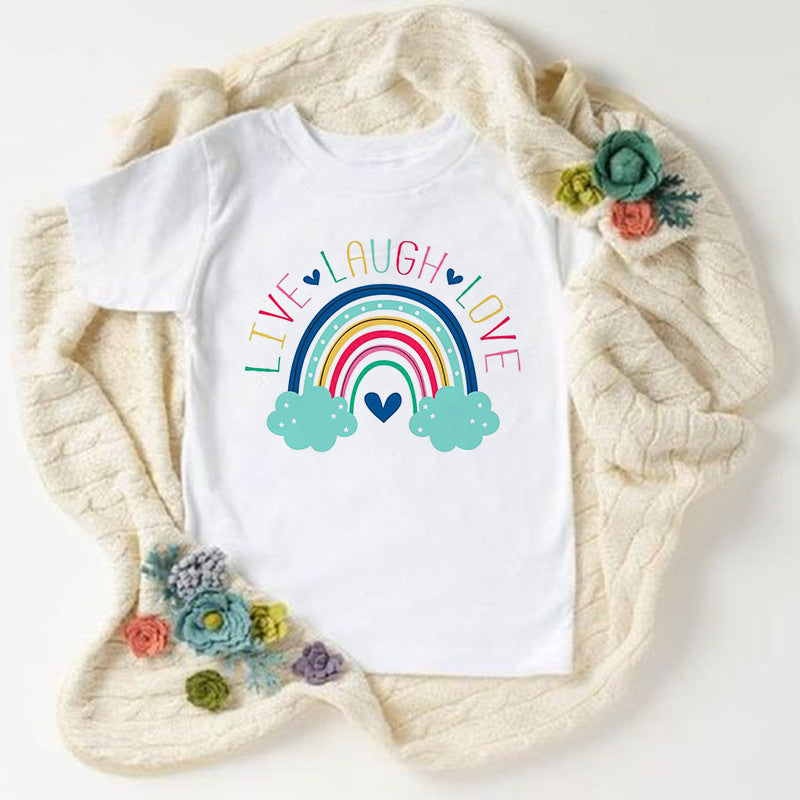 Children Kids Baby Fashion Girls Boys Basic Casual Rainbow I Love You Print Short Sleeve T-Shirt