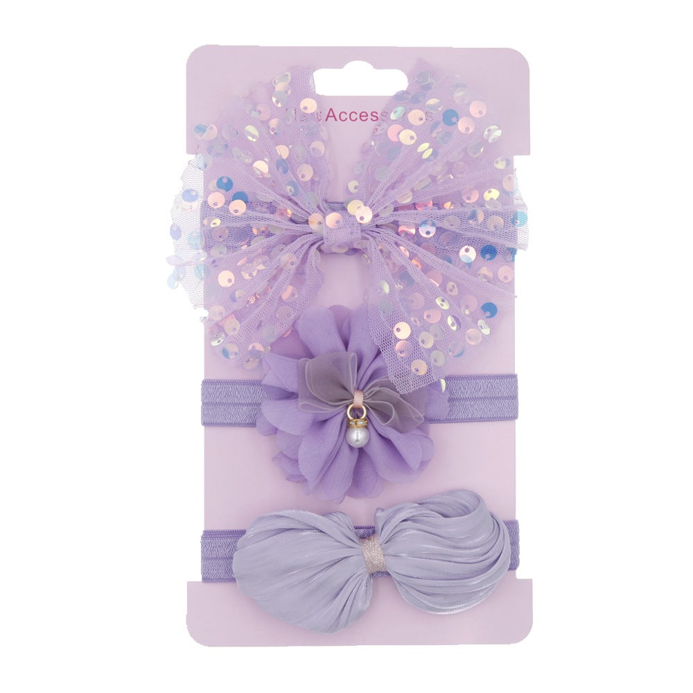 3pcs/set Kids Girls Cute Mesh Sequin Flower Pearl Bow Headband Set