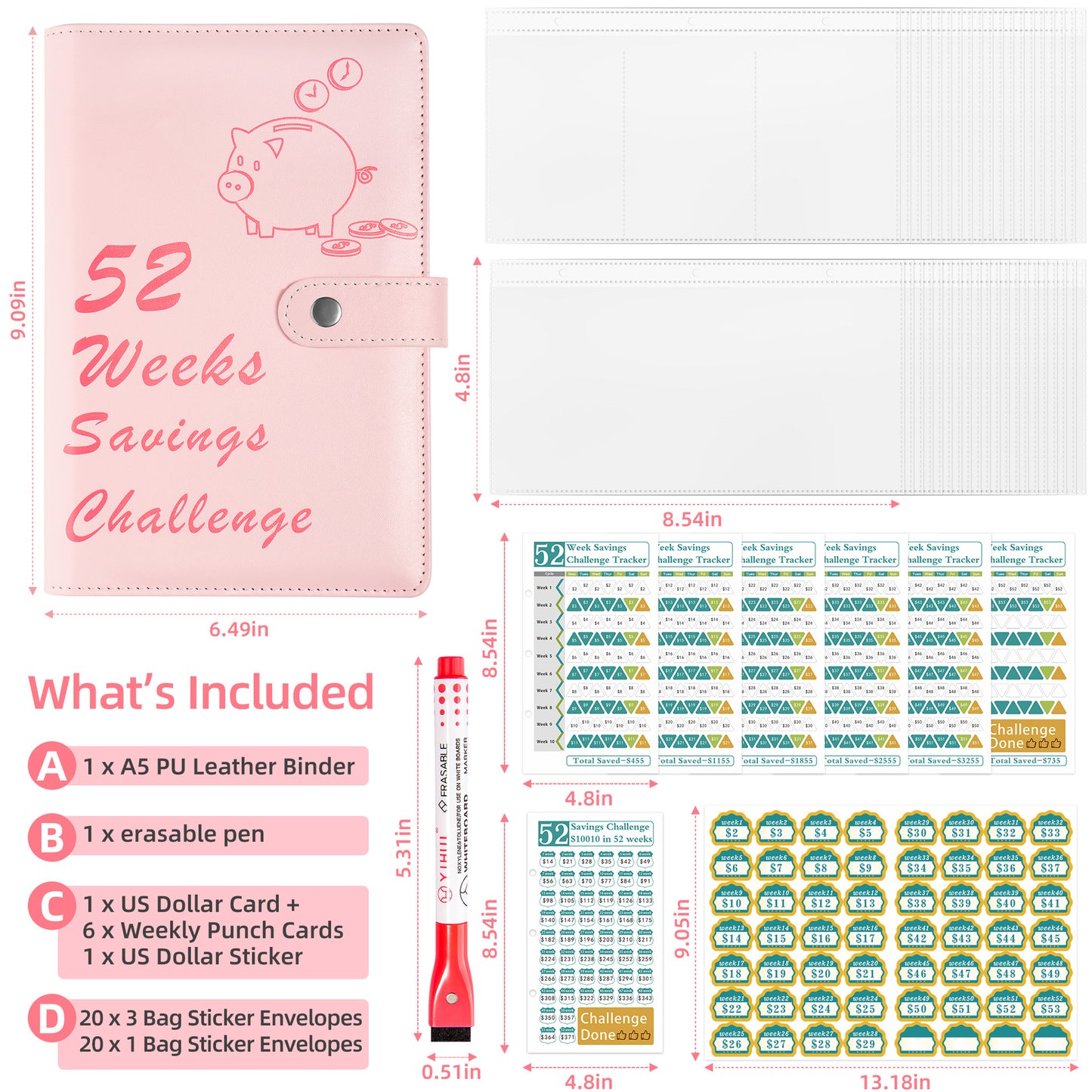 52 Weeks Savings Challenge Loose Paper Book.