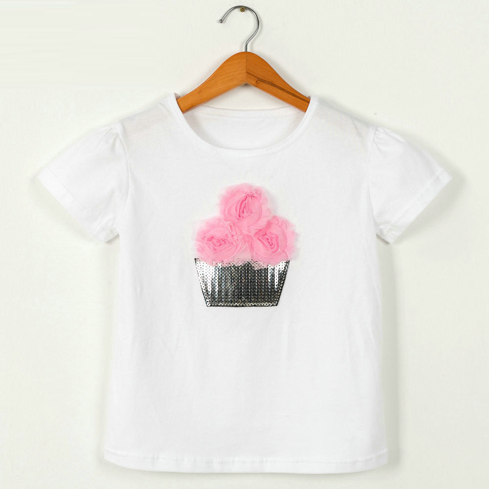 Children Kids Baby Fashion Girls Casual Basic Short Sleeve Sequin Flower T-Shirt