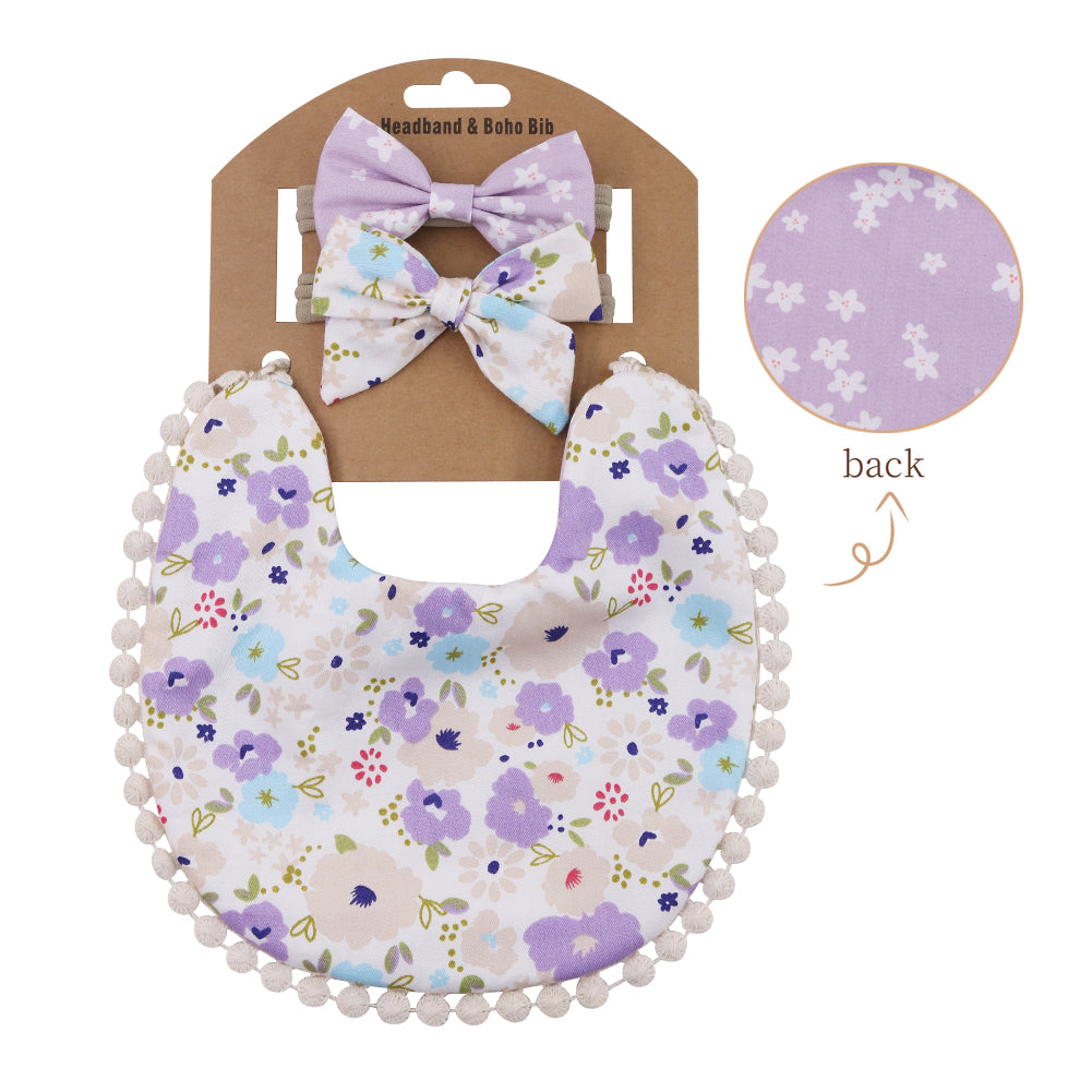 Baby Basic Floral Tassels Bib And Headband Accessories Set