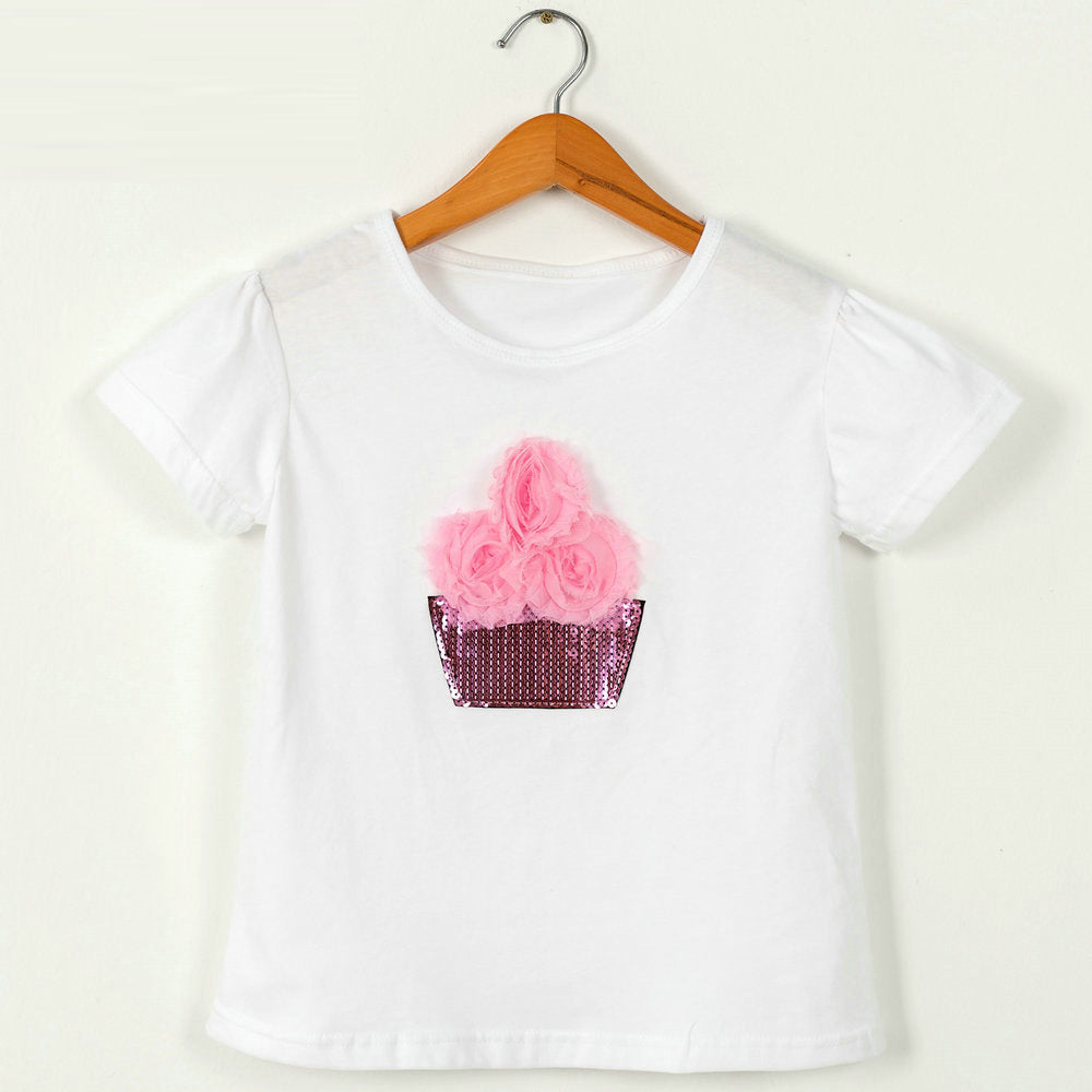 Children Kids Baby Fashion Girls Casual Basic Short Sleeve Sequin Flower T-Shirt