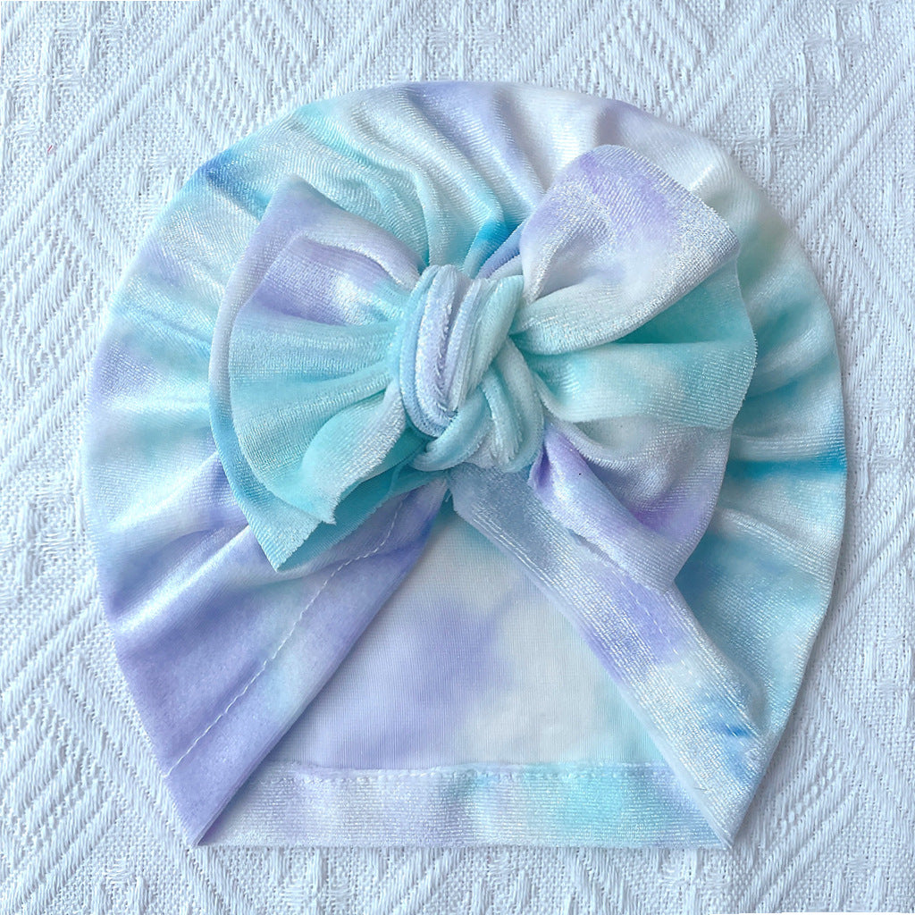 Toddlers Newborn Baby Velvet Tie-Dye Bow Turban Cap
