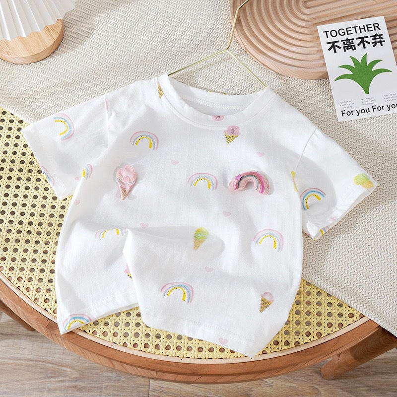 Kids Toddler Girls Casual Cute Flower Short Sleeve Round Neck T-Shirt