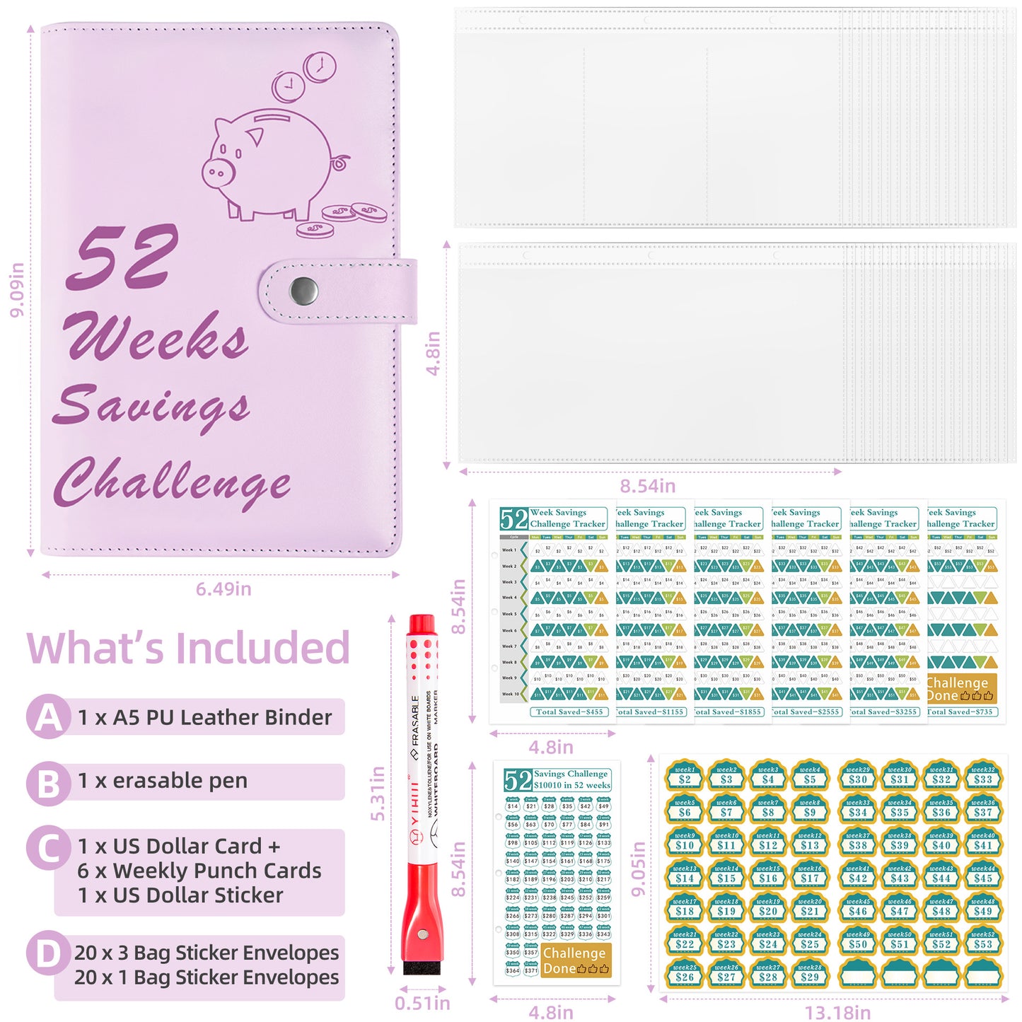 52 Weeks Savings Challenge Loose Paper Book.