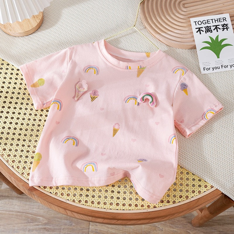 Kids Toddler Girls Casual Cute Flower Short Sleeve Round Neck T-Shirt