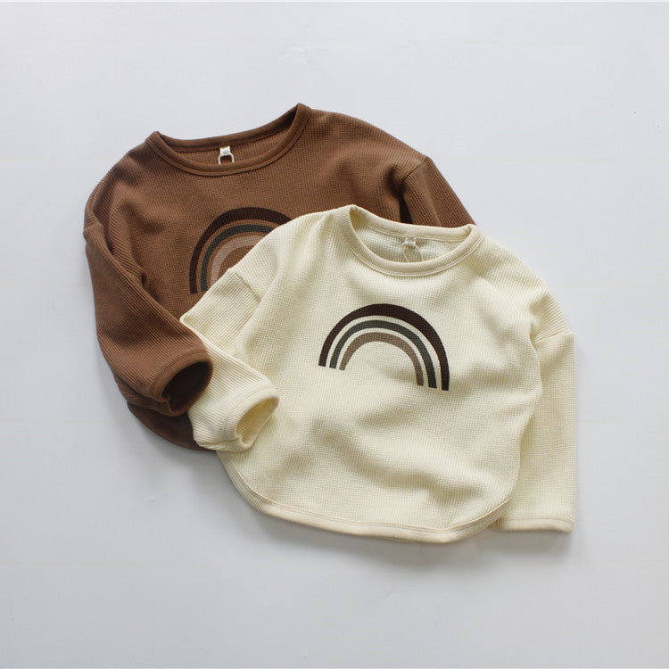 Kids Toddler Boys Girls Casual Cute Rainbow Stripe Waffle Long Sleeve Round Neck T-Shirt