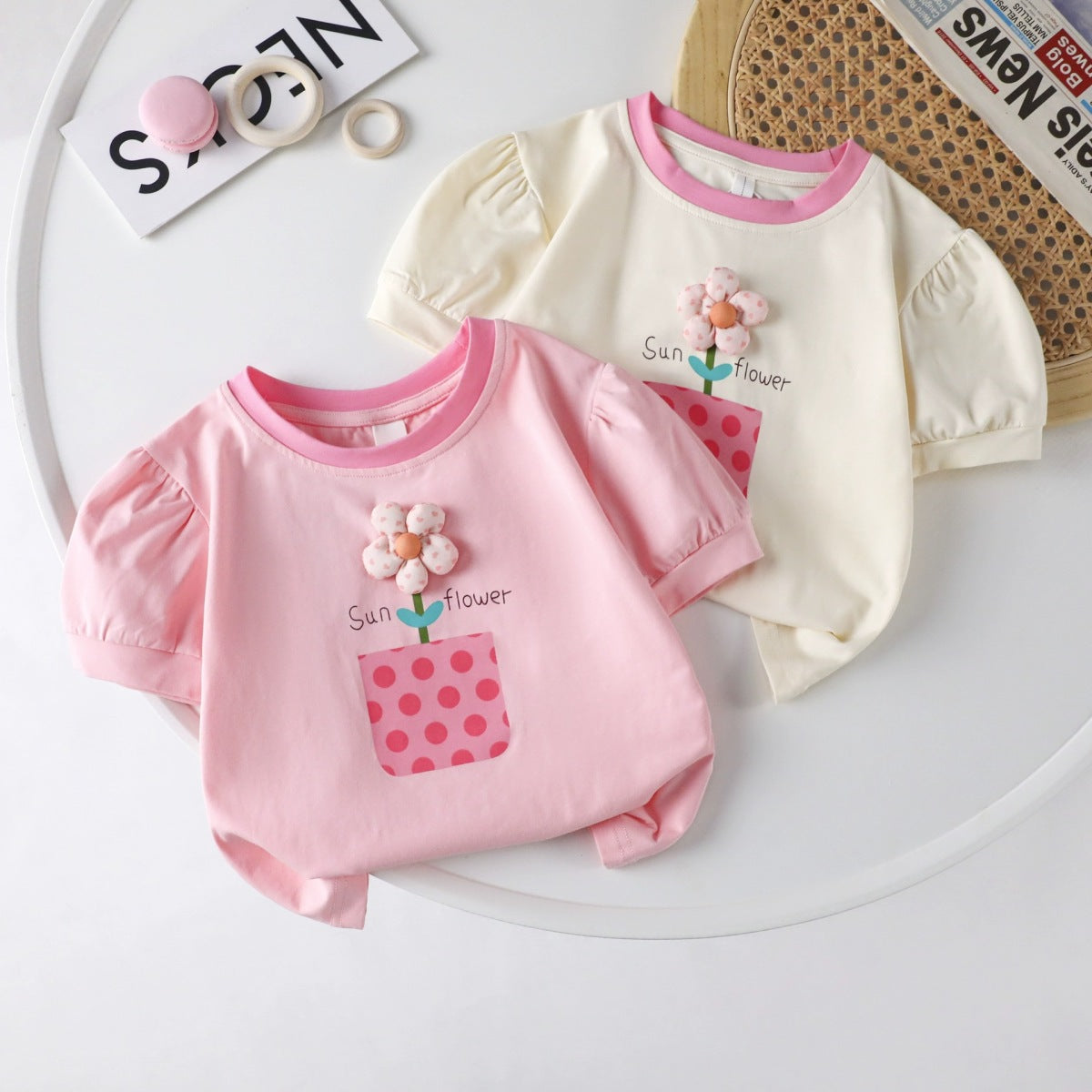 Kids Toddler Girls Casual Cute Sweet Flower Puff Sleeve Round Neck T-Shirt
