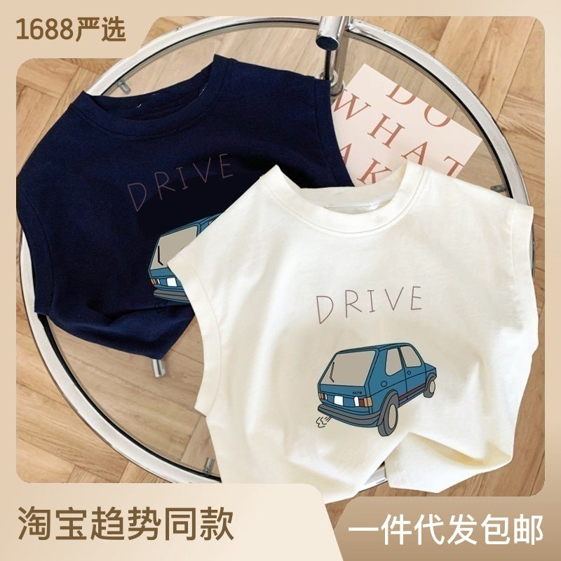 Kids Toddler Girls Boys Summer Basic Cute Pure Cotton Solid Color Cartoon Car Sleeveless Round Neck T-Shirt