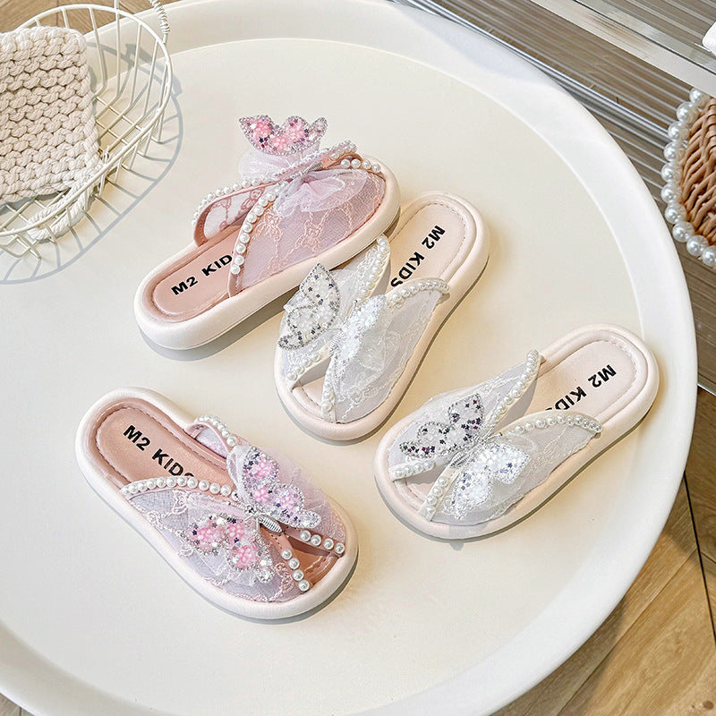 Kids Girls Casual Cute Rhinestone Pearl Bow Flat Thick-Soled Slippers
