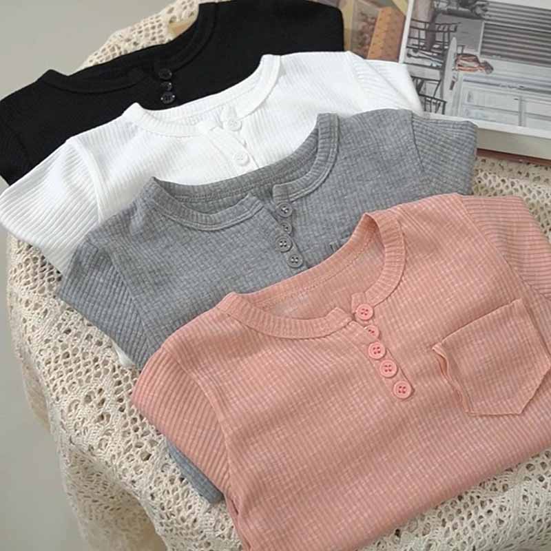 Kids Toddler Boys Girls Casual Cute Solid Color Rib Knit Long Sleeve T-Shirt