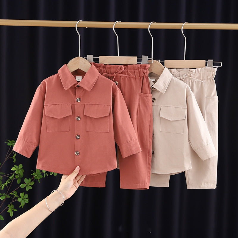 Girls Solid Color Cartoon Lapel Cute Shirt Pants Set