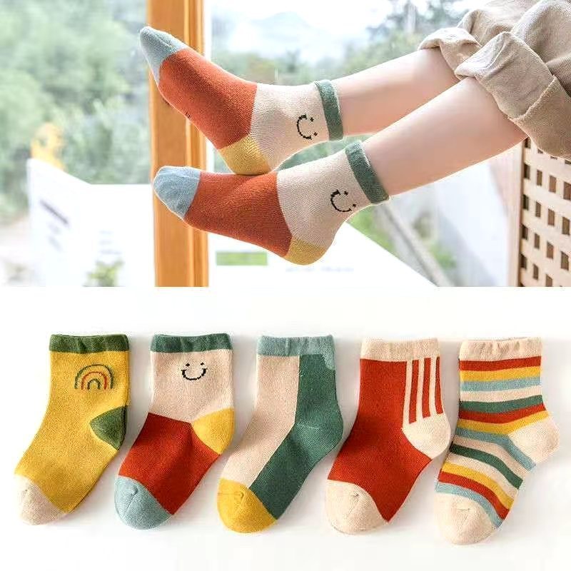 5 Pairs /Lot Cute Baby Socks Autumn Rainbow Striped Cotton Socks For Children Toddlers Cotton Socks