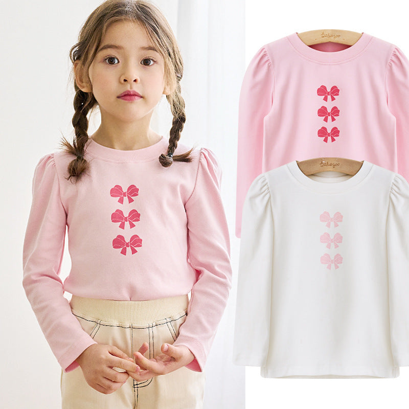 Girls Casual Bow Printed Long Sleeve T-Shirt