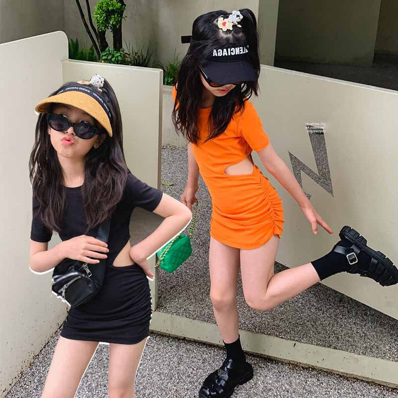 Girls' Fashion Solid Color Short-Sleeve Hollow-Out Slim-Fit Dress