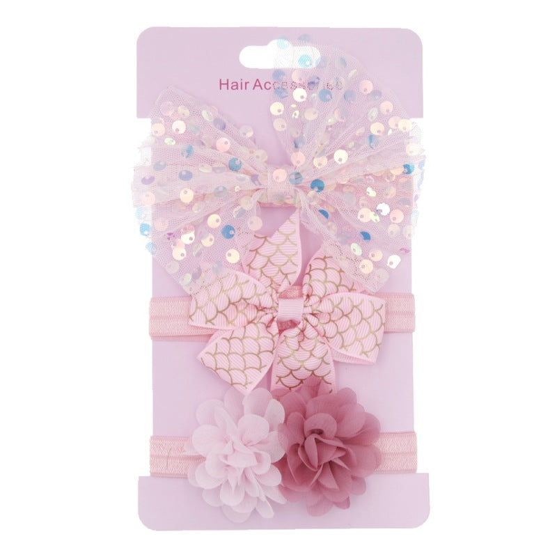 3pcs/set Kids Girls Cute Mesh Sequin Flower Pearl Bow Headband Set