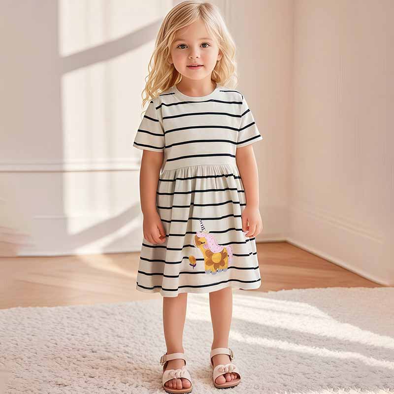Kids Toddler Girls Cute Cartoon Stripe Short Sleeve Dress