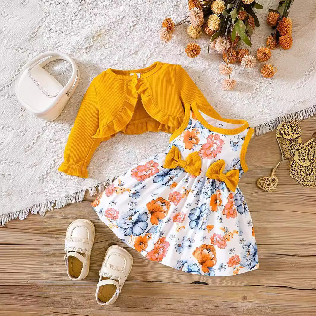 Kids Baby Girls Casual Tiny Flower Print Long Sleeve Cardigan Knitted Top Dress Sets