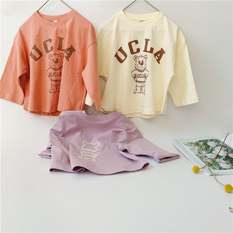 Kids Casual Cartoon Bear Letter Pattern Round Neck Long Sleeve Loose T-shirt