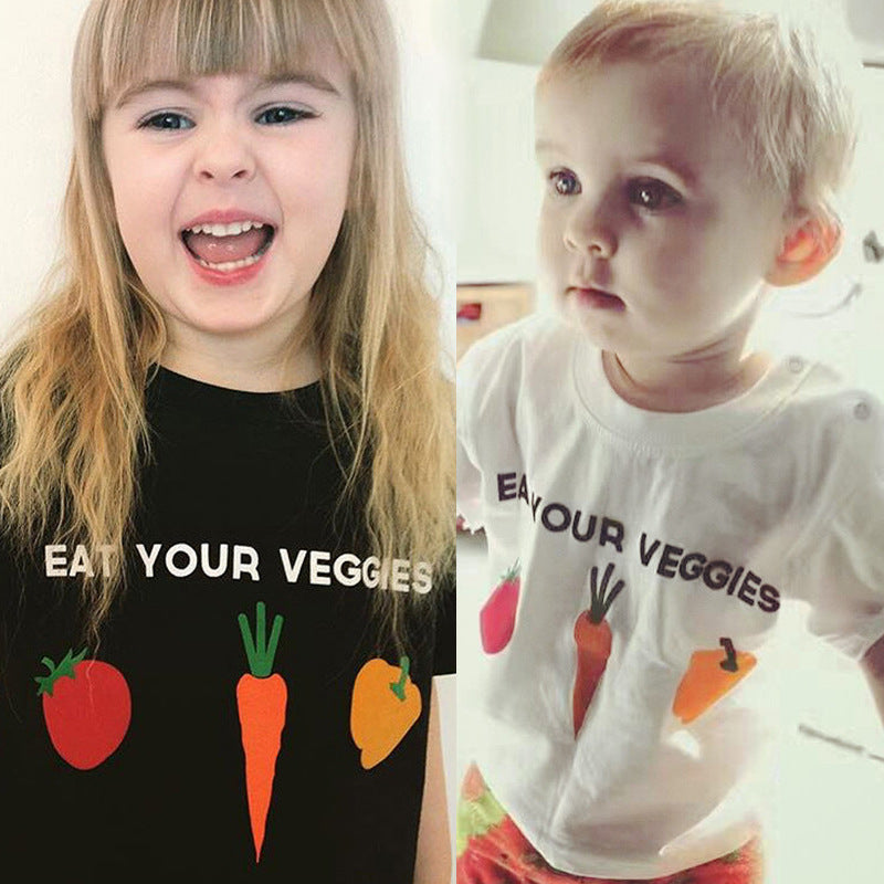 Kids Casual Round Neck Short Sleeve Cartoon Carrot Pattern Basic T-shirt