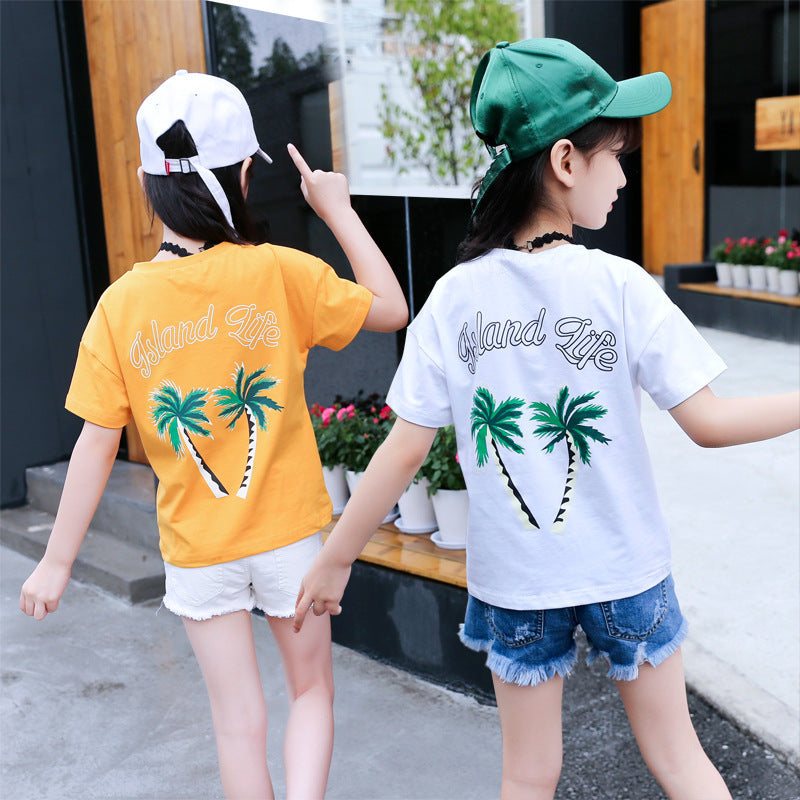 Unisex Kids Coconut Tree Palmtree Printing Cotton Short-Sleeved T-Shirt