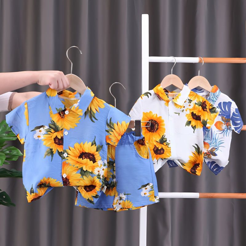 Boys' Fashion Short-Sleeved Printed Shirt Shorts Two-Piece Set