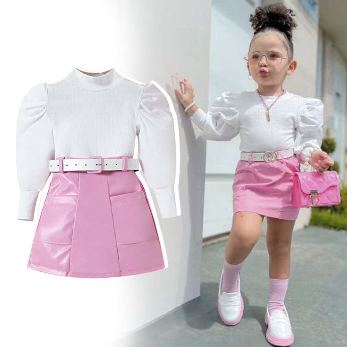 Autumn And Winter Girls Fashion Puff Sleeve Top Pu Leather Skirt Set