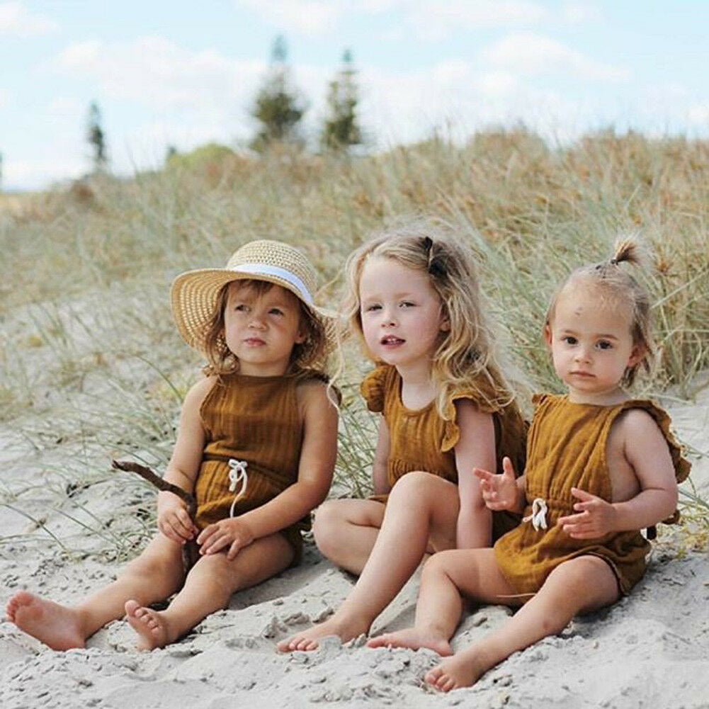 Baby Girls Solid Color Ruffled Sleeveless Rompers