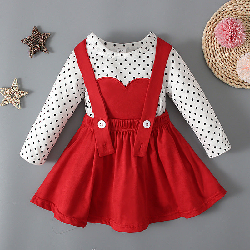 Toddlers Newborn Baby Girls Valentine'S Heart Long Sleeve T-Shirt And Strap Skirt 2pcs Set