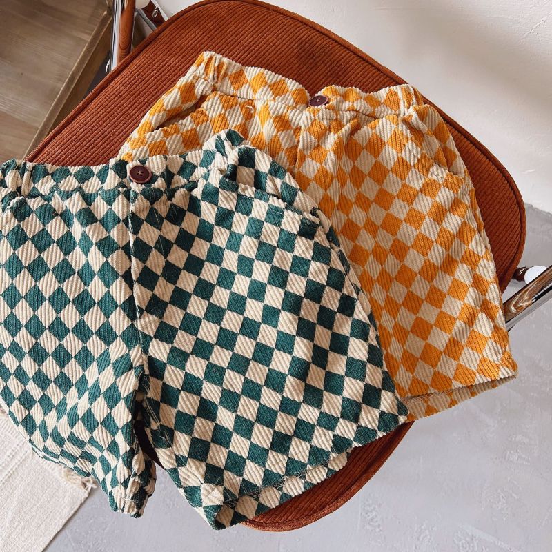 Kids Casual Plaid All Over Print Elastic Loose Corduroy Shorts