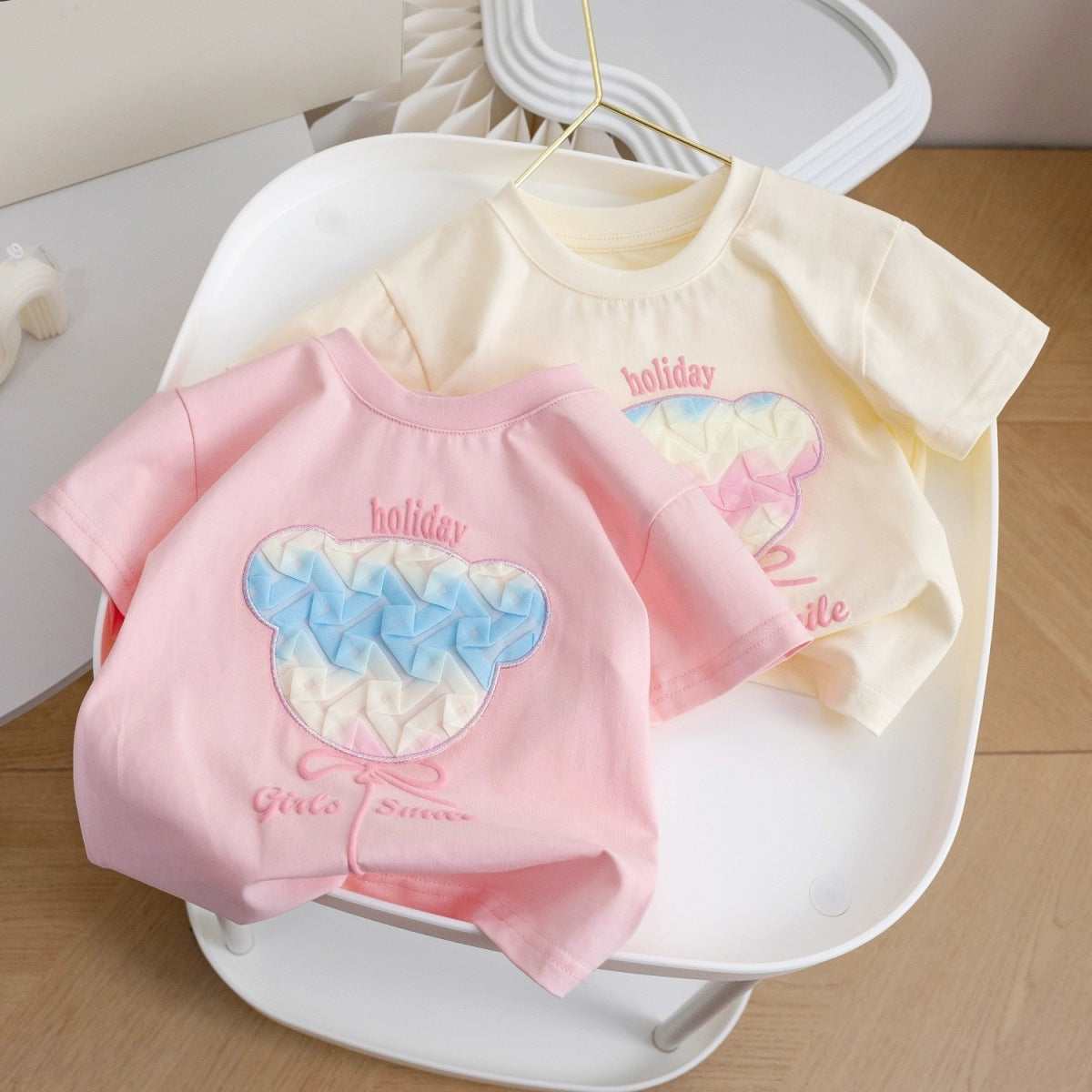 Kids Toddler Girls Casual Cute Sweet Bear Short Sleeve Round Neck T-Shirt