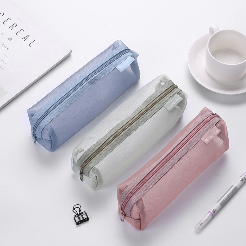 Fashion Simple Solid Color Transparent Thickened Mesh Large Capacity Pencil Bag