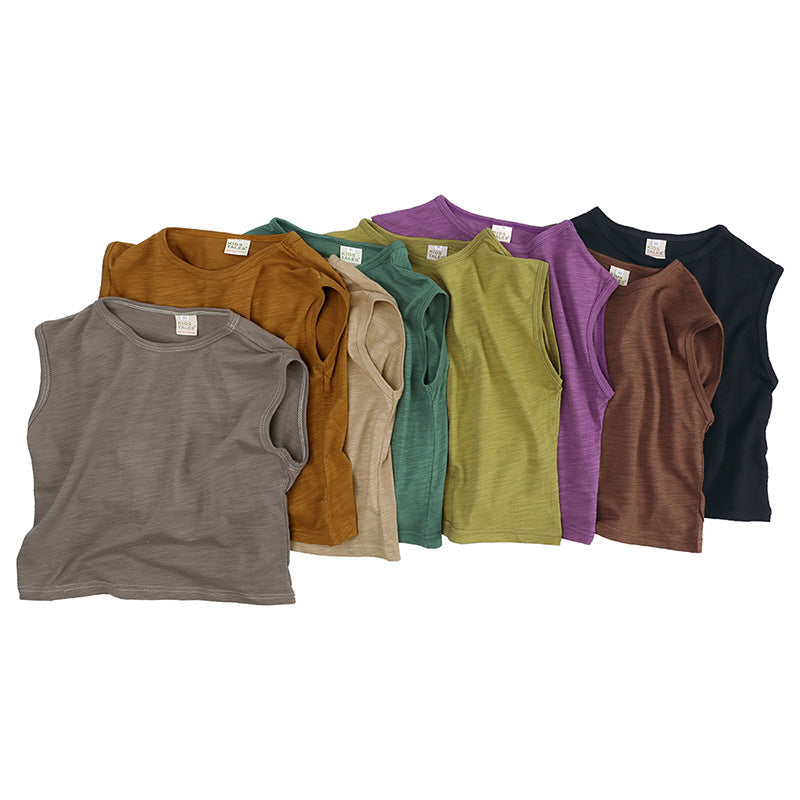 Kids Basic Solid Color Round Neck Sleeveless Loose T-shirt