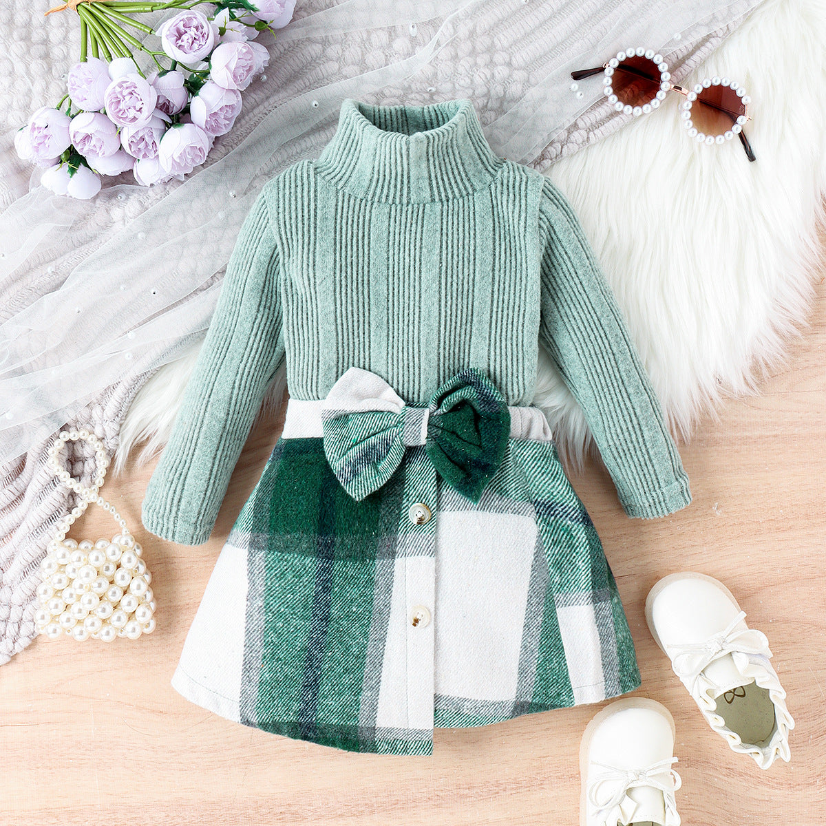 Autumn And Winter Girls Fashion Solid Color High Collar Long Sleeve Sweater Plaid Bow Skirt Two-Piece Set