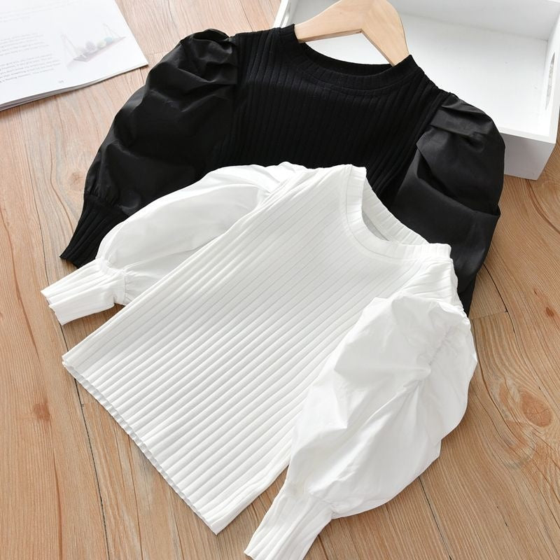 Kids Toddler Girls Fashion Casual Solid Color Rib-Knit Puff Sleeve T-Shirt