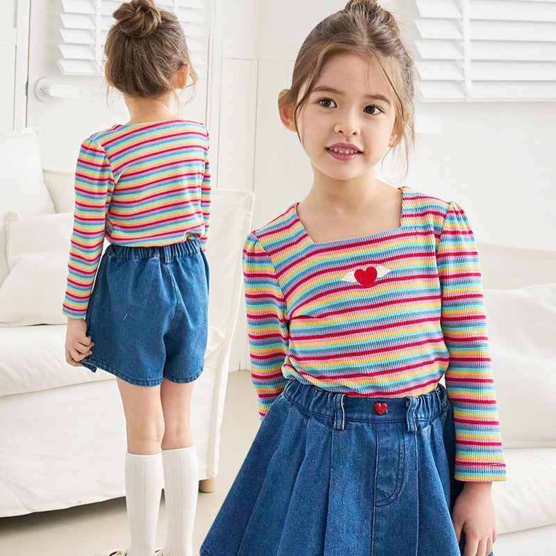 Girl'S Fashion Square Collar Rainbow Stripe Embroidered Top