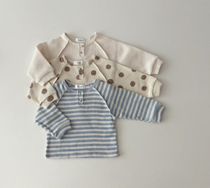 Kids Baby Boys Girls Casual Cute Stripe Polka Dot Waffle Long Sleeve Round Neck T-Shirt