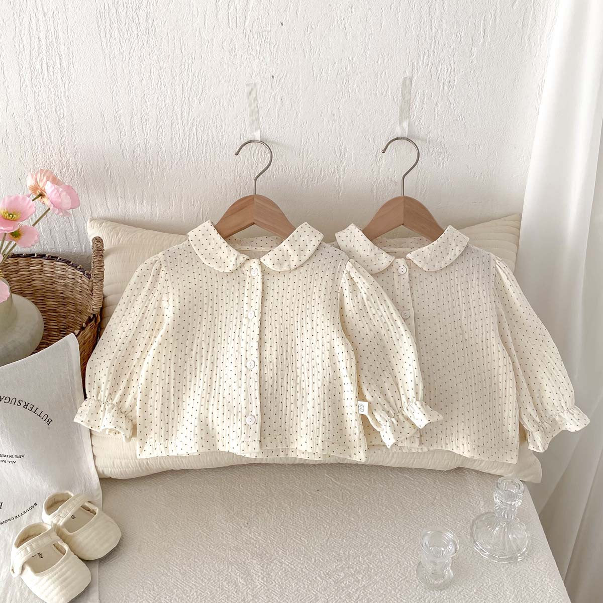 Kids Baby Girls Polka Dot Long Sleeve Lapel Blouses