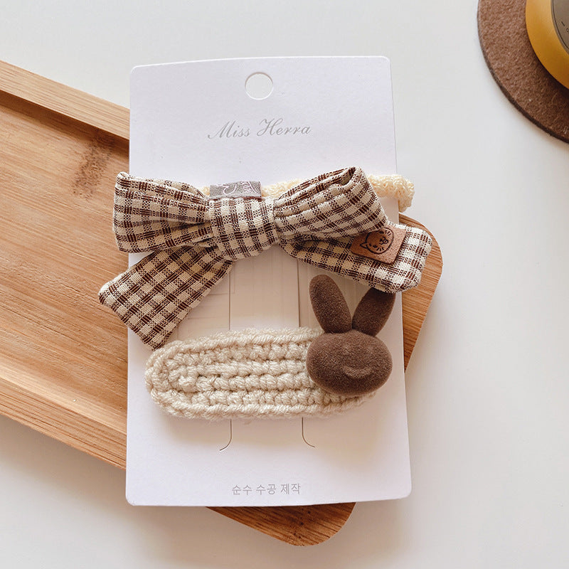 2pcs/set Kids Girls Sweet Bow Oval Square Fabric Knit Hair Accessories Hairpin