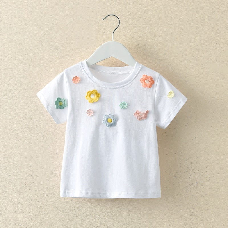 Kids Toddler Girls Casual Cute Flower Short Sleeve Round Neck T-Shirt